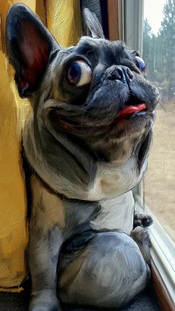 Humorous portrait of a French Bulldog with oversized eyes and tongue out while sitting by a window in expressive painterly style.
