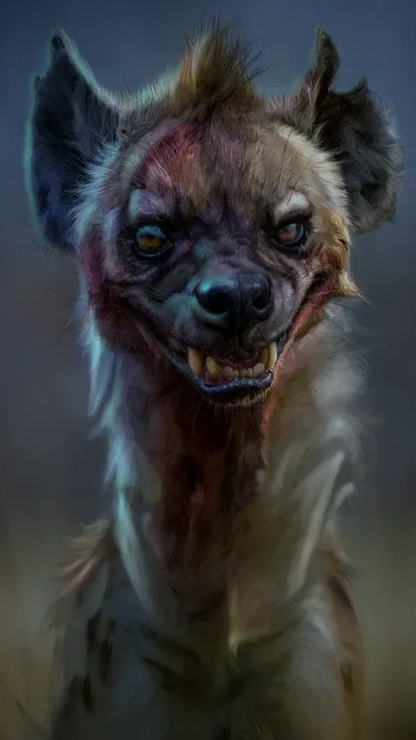Stylized digital painting of a snarling spotted hyena with exaggerated features, expressive eyes, and painterly realism.