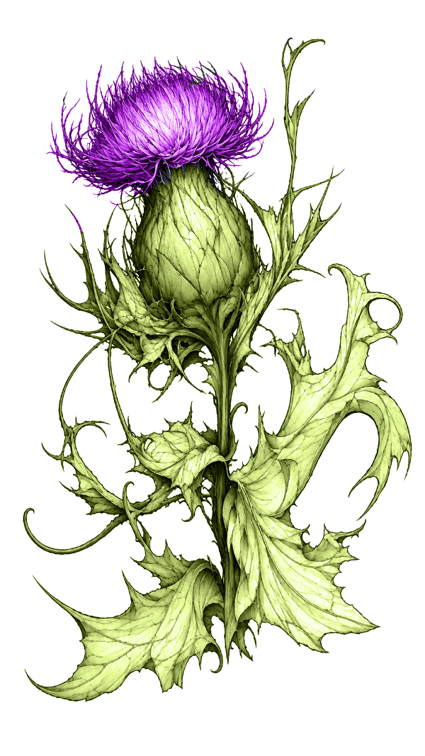 Botanical illustration of a Scottish thistle with vibrant purple bloom, sculptural leaves, and flowing organic linework for tattoo inspiration.