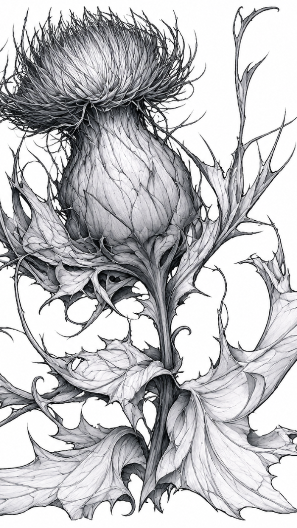 Fine line black and grey botanical drawing of a Scottish thistle with detailed leaves and delicate engraving-inspired linework.