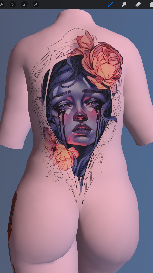 Color tattoo design of a crying woman with violet skin tones, expressive floral elements, and ornamental geometric framing for a full back piece.