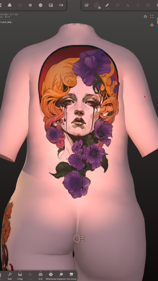 Full-color back tattoo of an Art Nouveau-inspired woman with flowing golden hair framed by rich purple flowers and elegant floral composition.
