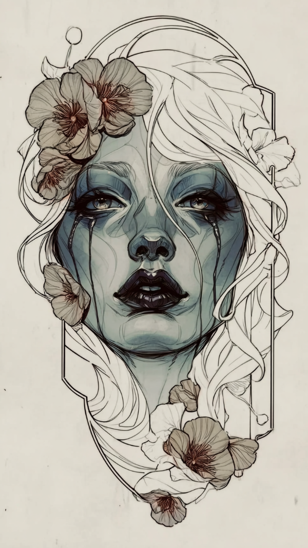 Fine art tattoo concept featuring a sorrowful woman's face with blue-grey shading, delicate flowers, flowing hair, and elegant Art Nouveau linework.
