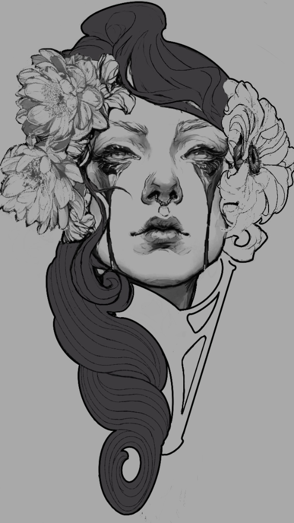 Black and grey illustrative portrait of a woman with flowing hair, floral crown, and dramatic ink tears in a contemporary tattoo style.