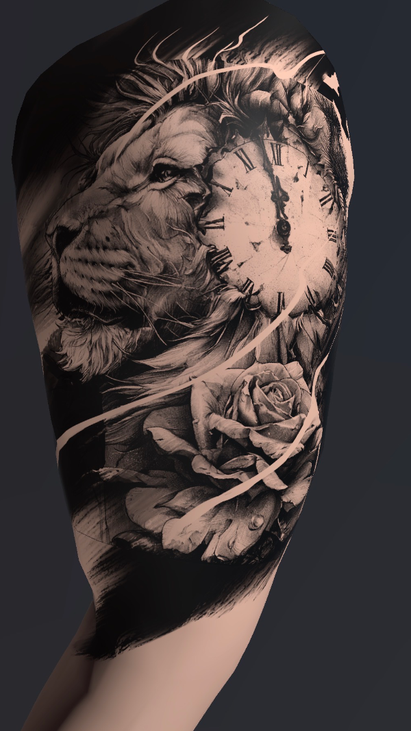 Realistic black and grey tattoo sleeve of a lion with a large Roman numeral clock and detailed rose symbolizing strength and perseverance.