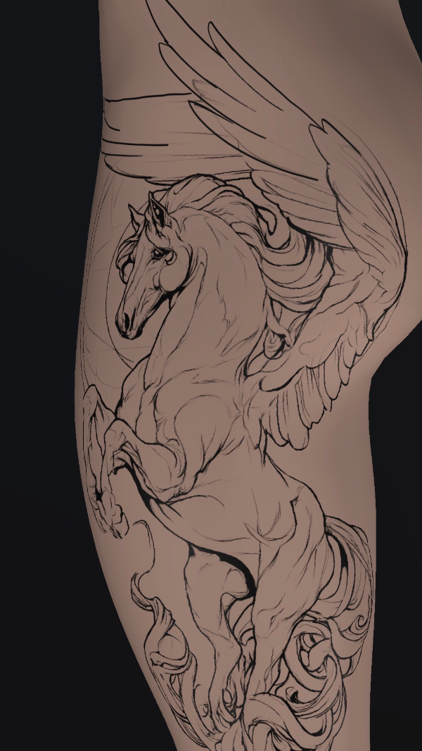 Pegasus tattoo design featuring a rearing winged horse with flowing mane and ornamental scrollwork, composed for hip and thigh placement.