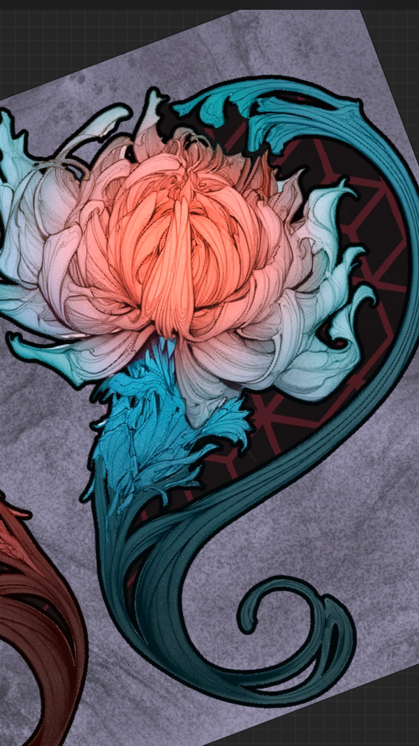 Vibrant chrysanthemum tattoo design with teal ornamental scrollwork and flowing Art Nouveau-inspired composition.