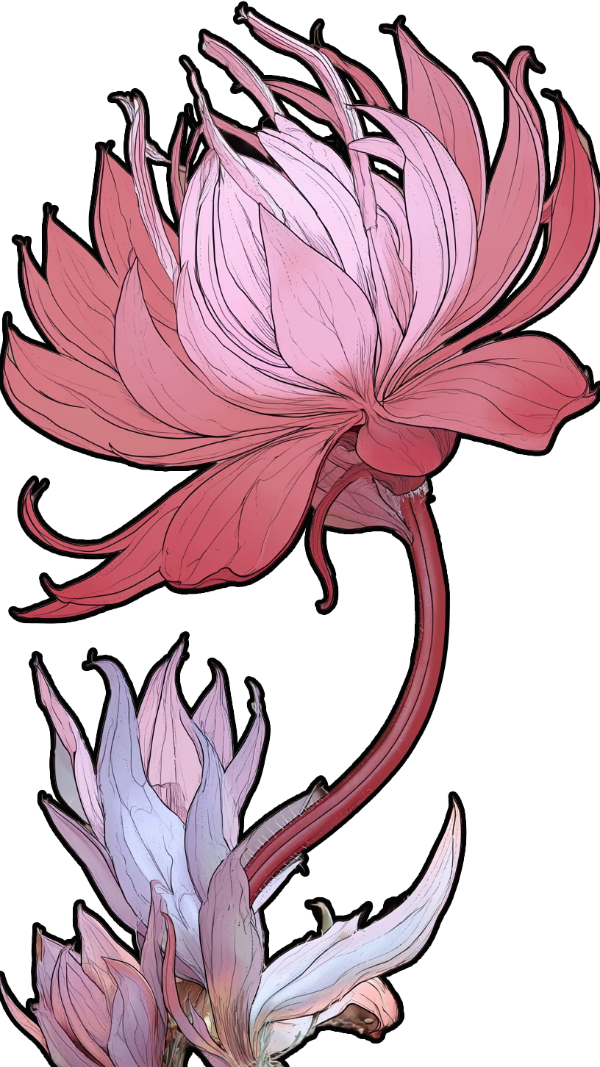 Stylized floral illustration with two elegant pink chrysanthemums connected by graceful stems in a soft botanical tattoo style.