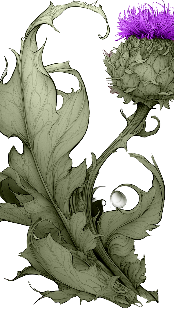 Elegant blackwork Scottish thistle with sweeping ornamental foliage and a detailed purple flower rendered in fine botanical style.