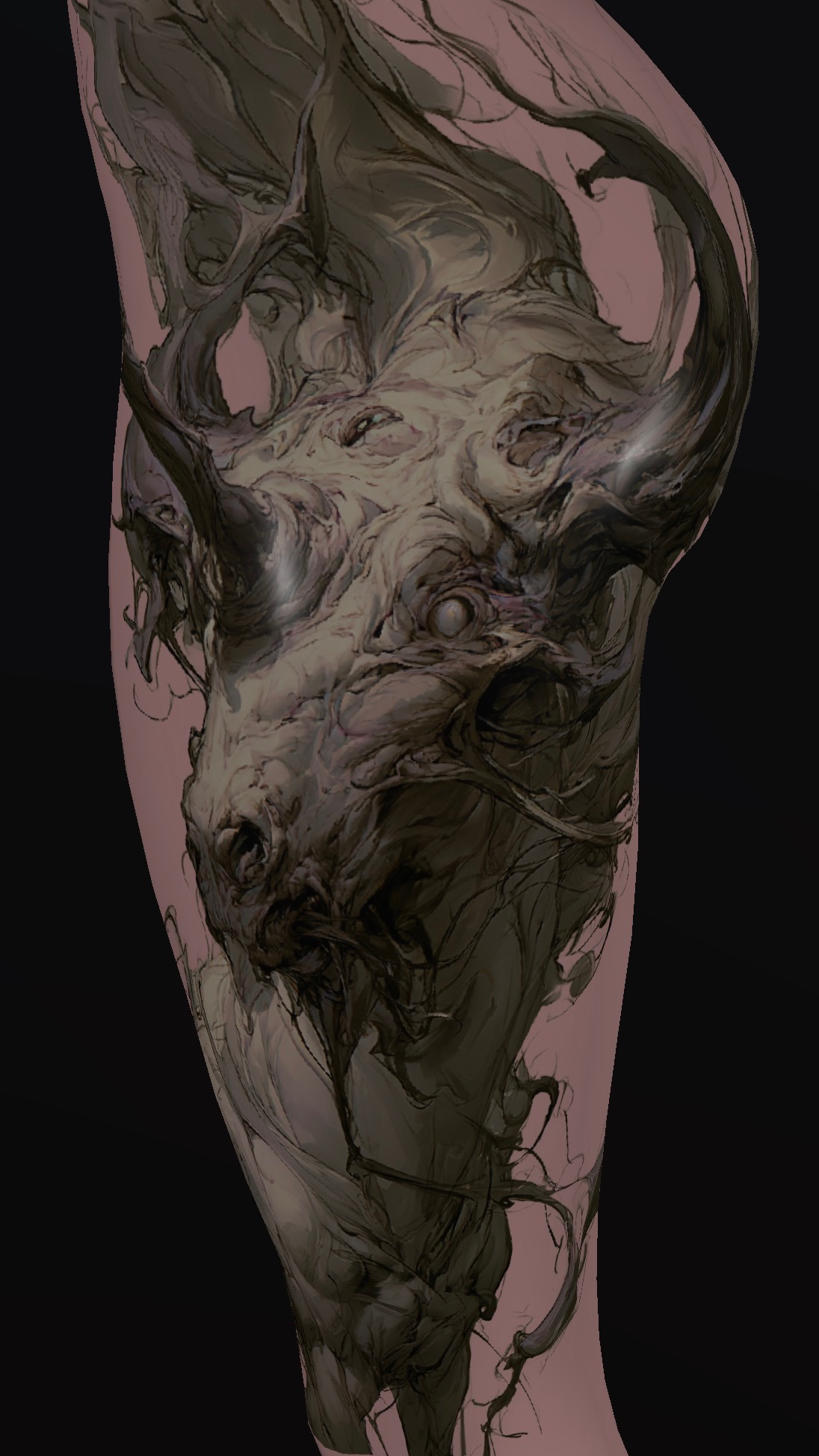 Dark surreal tattoo artwork depicting an evil horned horse emerging from swirling organic forms in a painterly black and grey style.