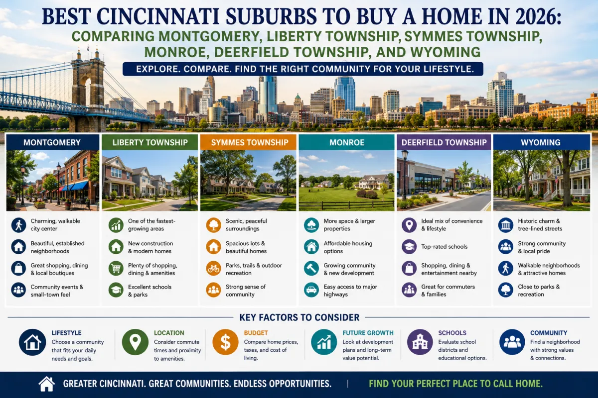 Illustration comparing Cincinnati suburbs including Montgomery, Liberty Township, Symmes Township, Monroe, Deerfield Township, and Wyoming for homebuyers in 2026.