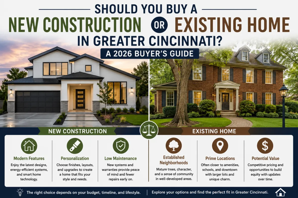 New construction vs. existing home in Greater Cincinnati featuring modern and traditional homes to help buyers compare their options in 2026.