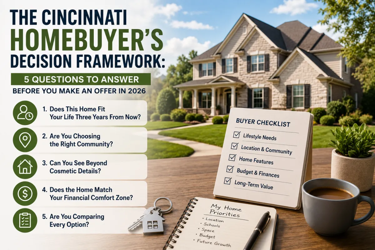 Modern home in Greater Cincinnati with buyers reviewing a home buying checklist before making an offer in 2026