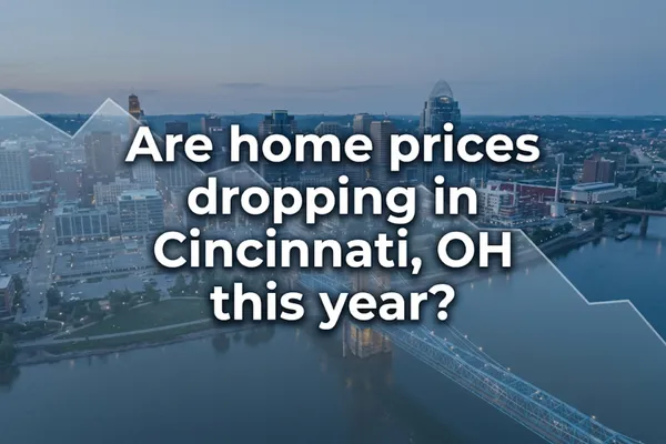 Aerial view of Cincinnati skyline at sunset with homes