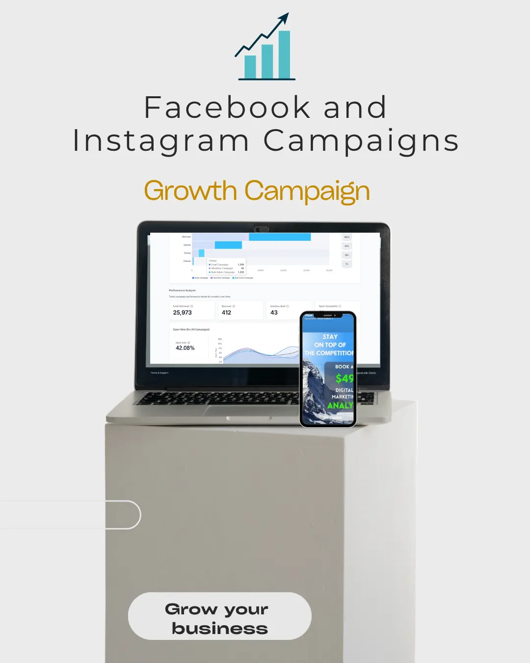 Laptop on a stand showing data software used by Vision Marketing to measrue adverts performance and phone showing an advertisement example