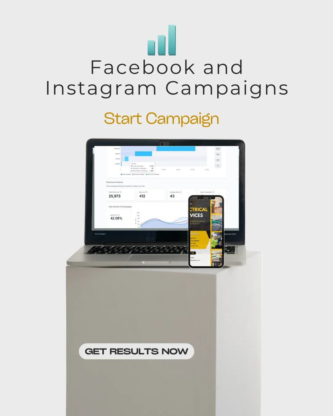 Laptop on a stand showing data software used by Vision Marketing to measrue adverts performance and phone showing an advertisement example