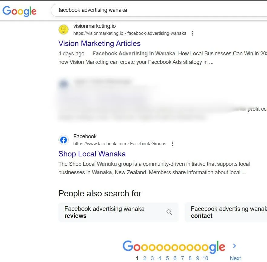 Google page showing the article written about "Facebook advertising in Wanaka" is ranking number one on Google search