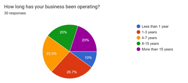 Pie chart showing small business hat took part in the survey: age of business