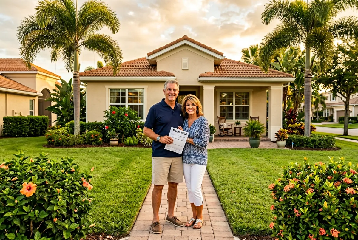 Florida homeowners reviewing 1098 tax form outside their home, learning about mortgage interest and property tax deductions for 2026