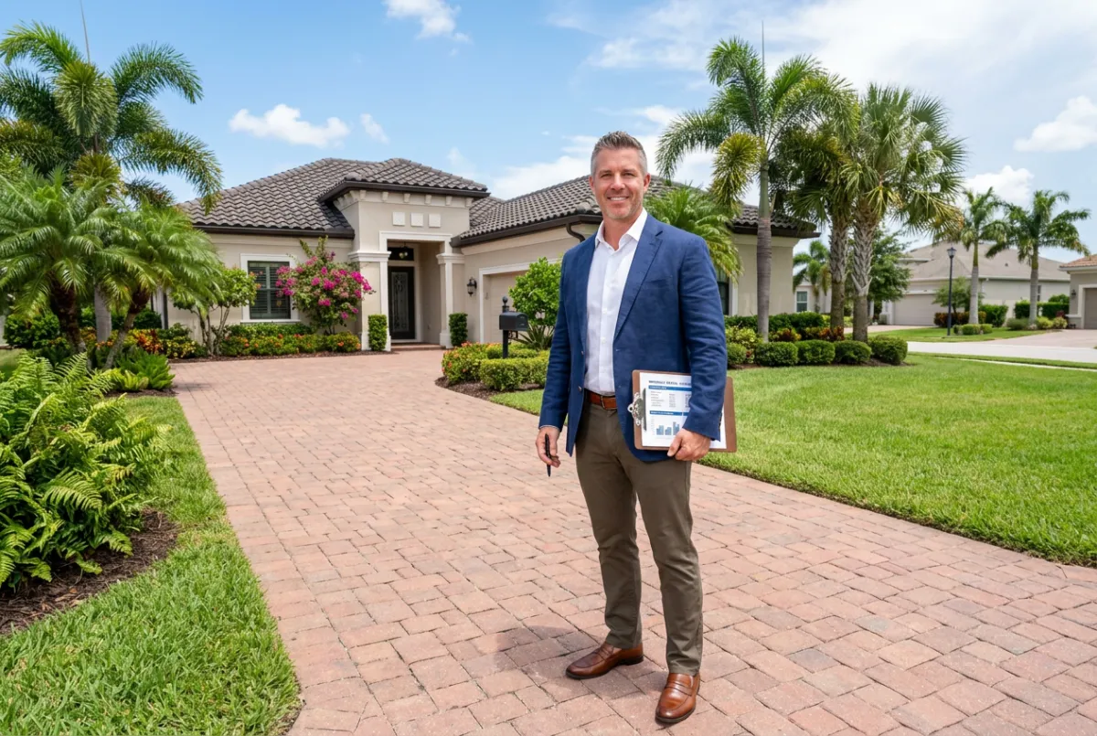 Real estate investor reviewing DSCR loan numbers on a rental property in Florida, qualifying without tax returns or W-2 income documentation