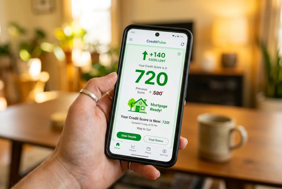 Smartphone screen showing credit score improving from 580 to 720 with a house icon representing new 2026 mortgage qualification rules