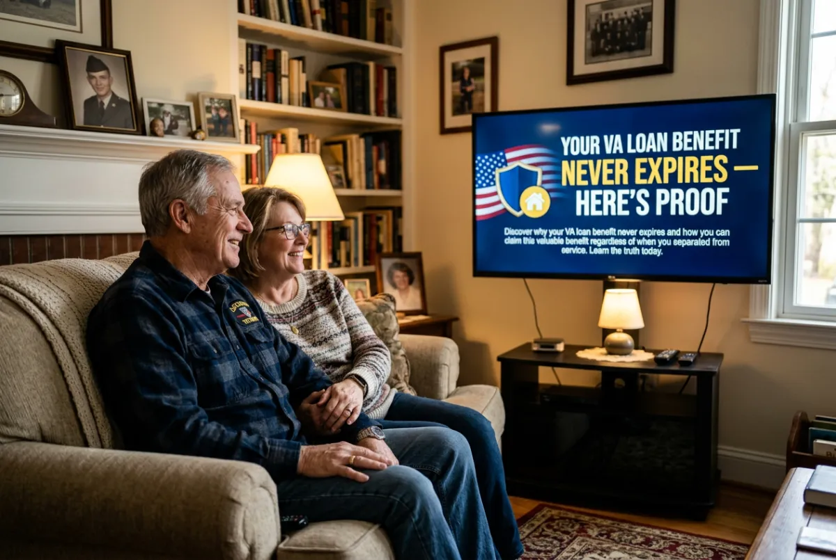 A retired veteran and his spouse sit together in their cozy home watching a presentation about VA loan benefits, with military photos displayed on the bookshelf behind them