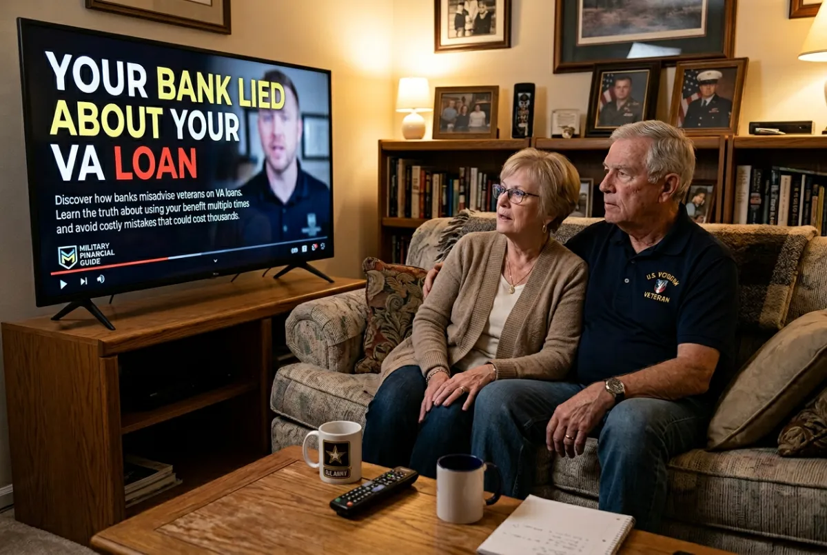 A U.S. veteran and his wife watch a video about VA loan truths in their military memorabilia-filled living room, with Army coffee mugs on the table in front of them."