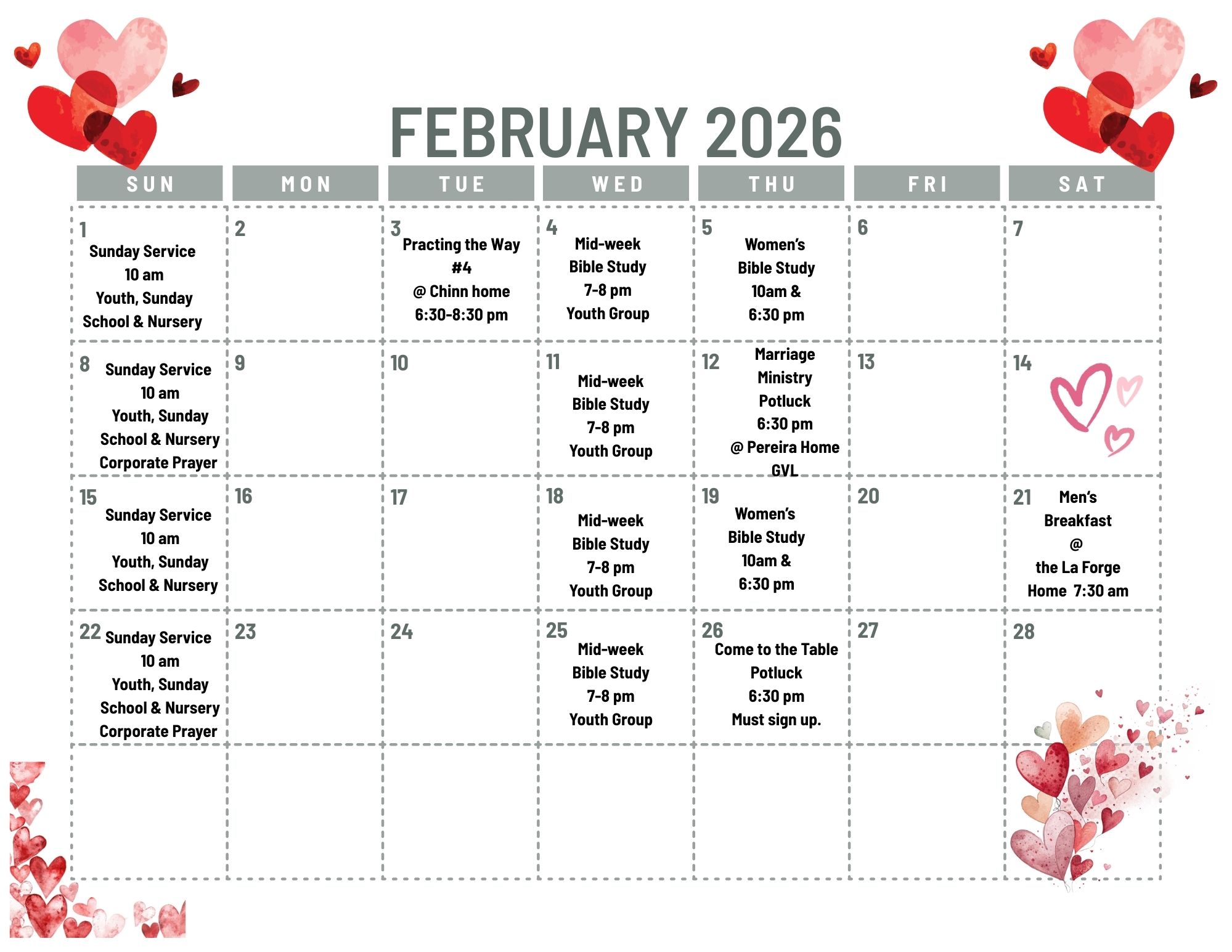 Refuge Christian Church February 2026 Calendar