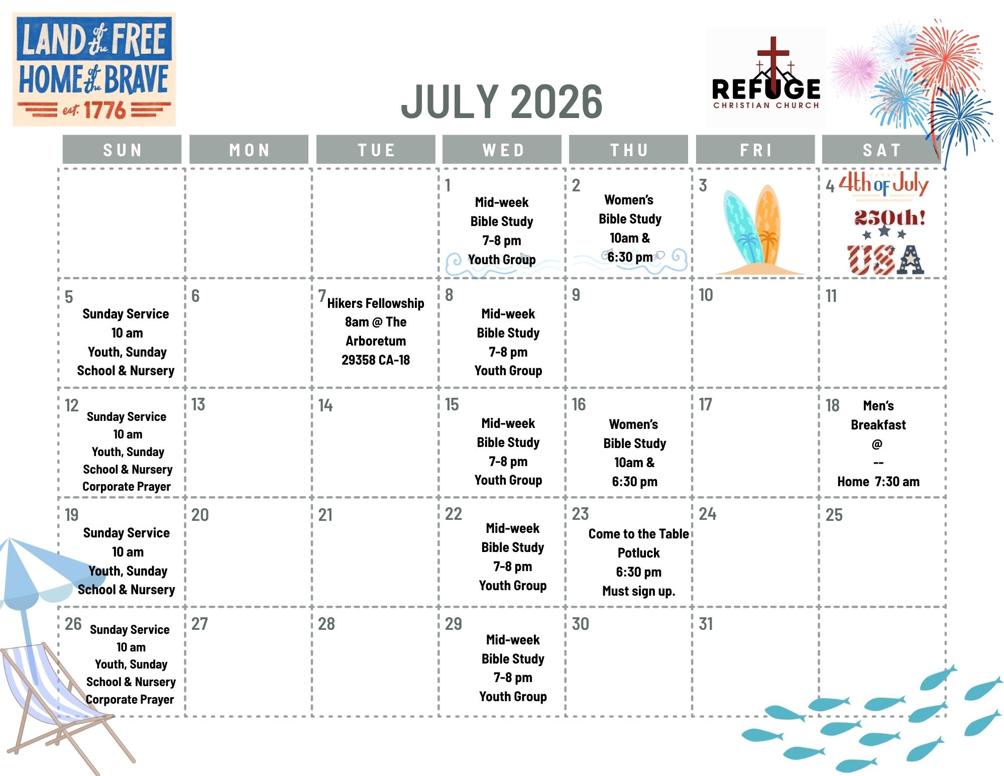 Refuge Christian Church July 2026 Calendar