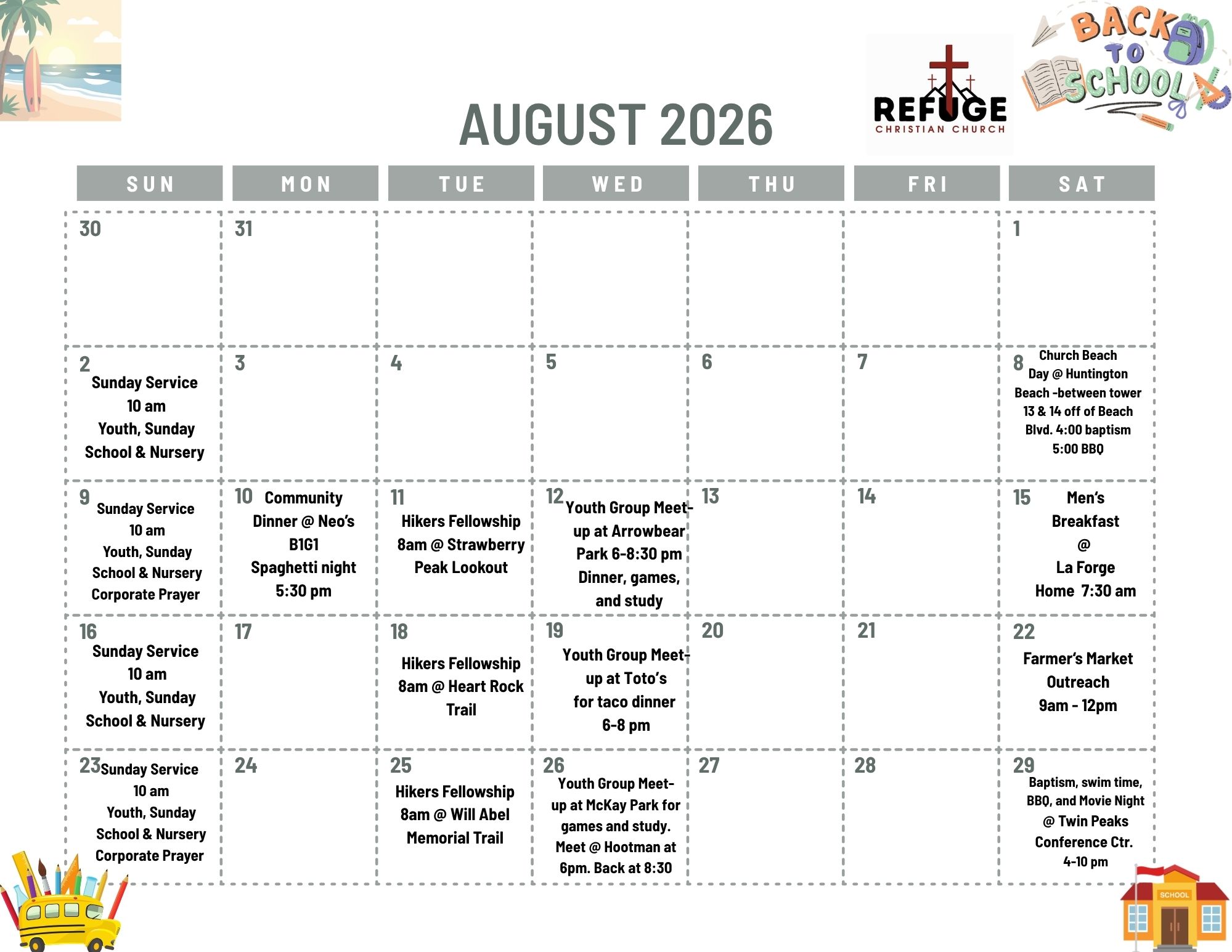 Refuge Christian Church July 2026 Calendar