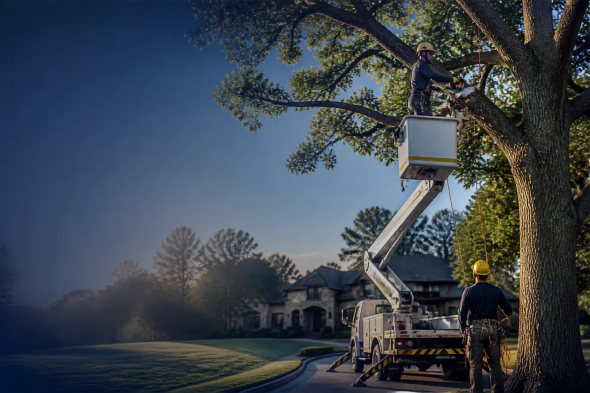 Crew working from a bucket truck in a large tree