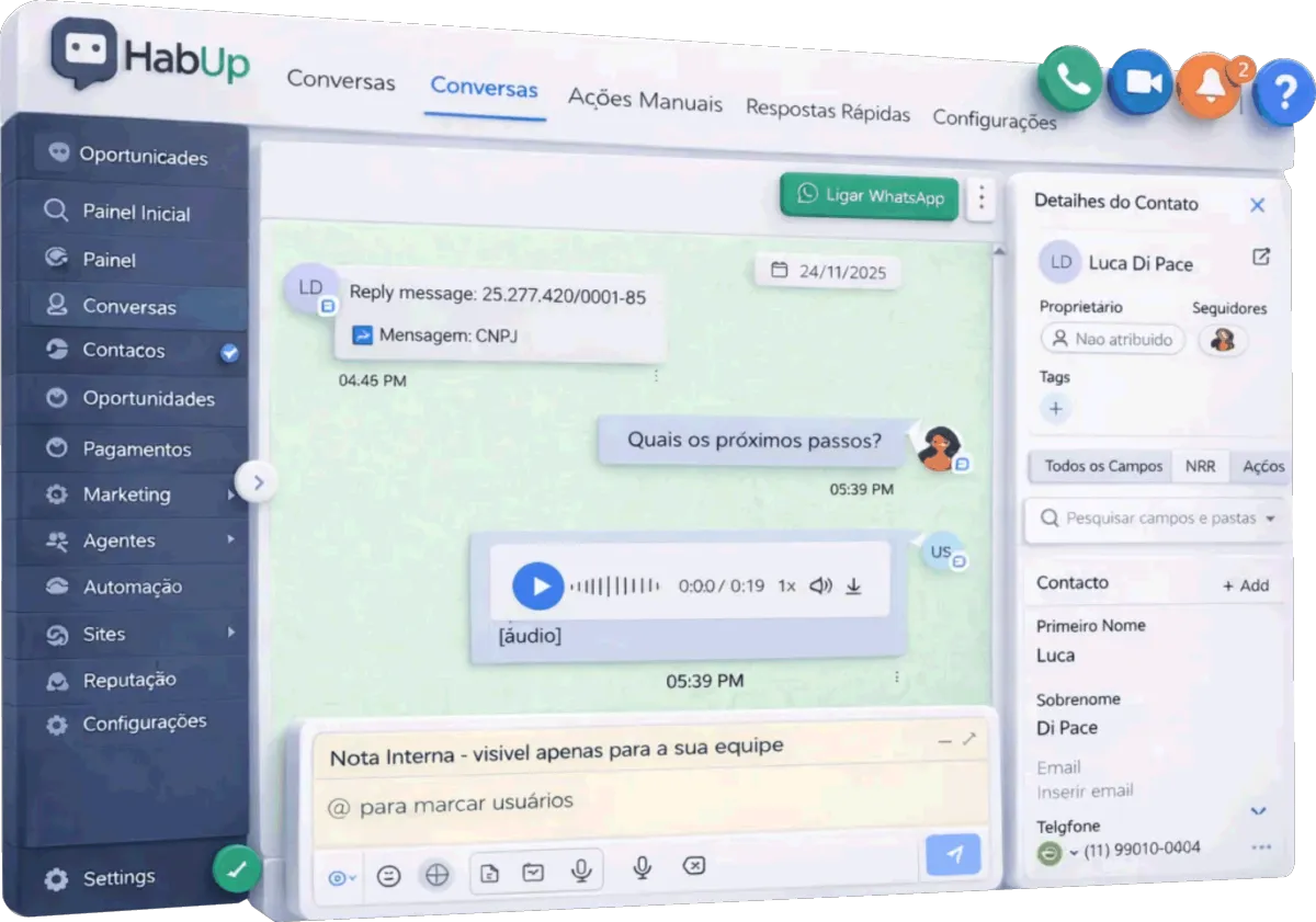 Unified CRM platform interface showing integrated email, chat, and call logs, with AI-driven insights and a clean, modern workspace. The background is light and professional, emphasizing clarity and organization.