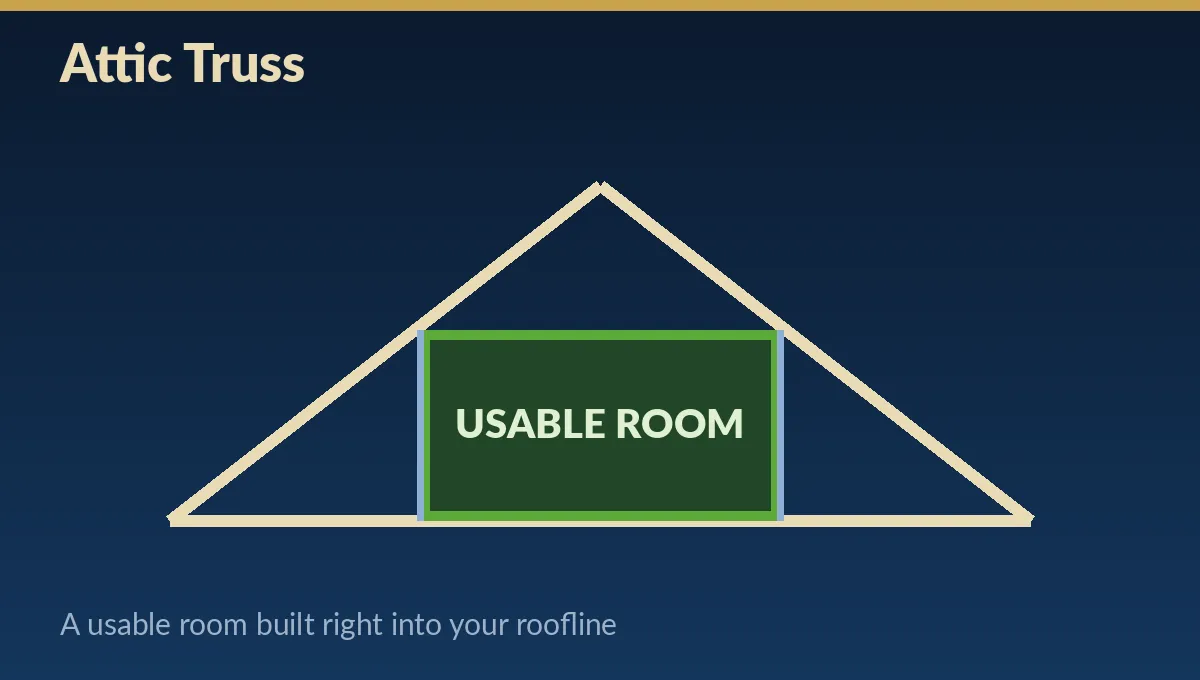 Attic truss diagram showing a usable room built into the pole barn roofline