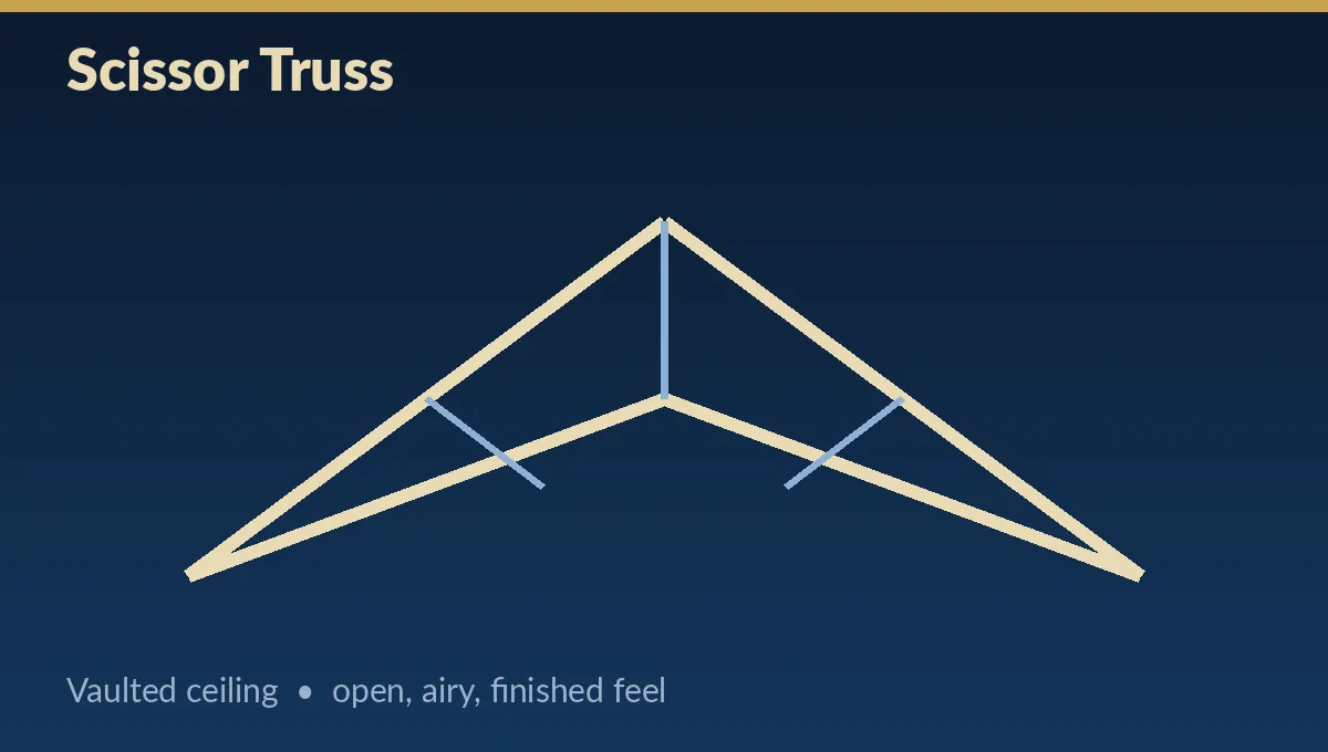 Scissor truss diagram showing a vaulted, cathedral-style pole barn ceiling
