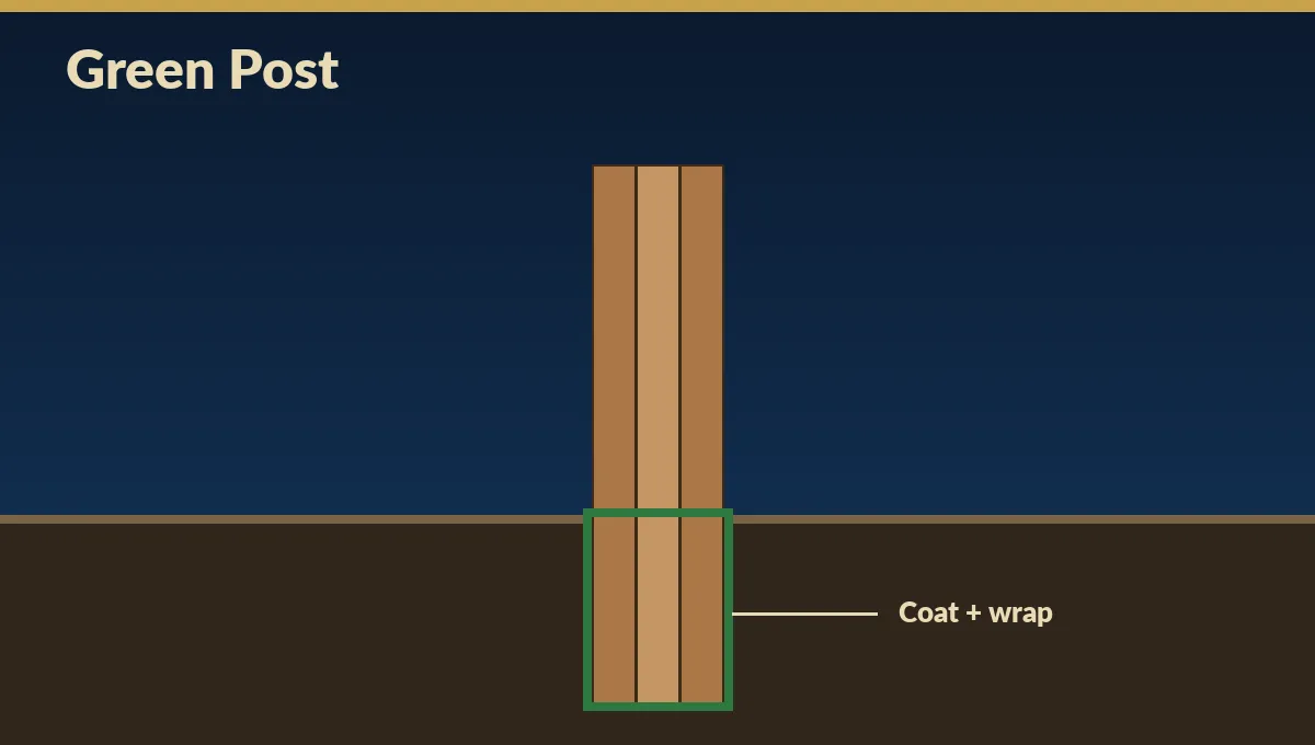 Green post bitumen-coated and plastic-wrapped pole barn post diagram