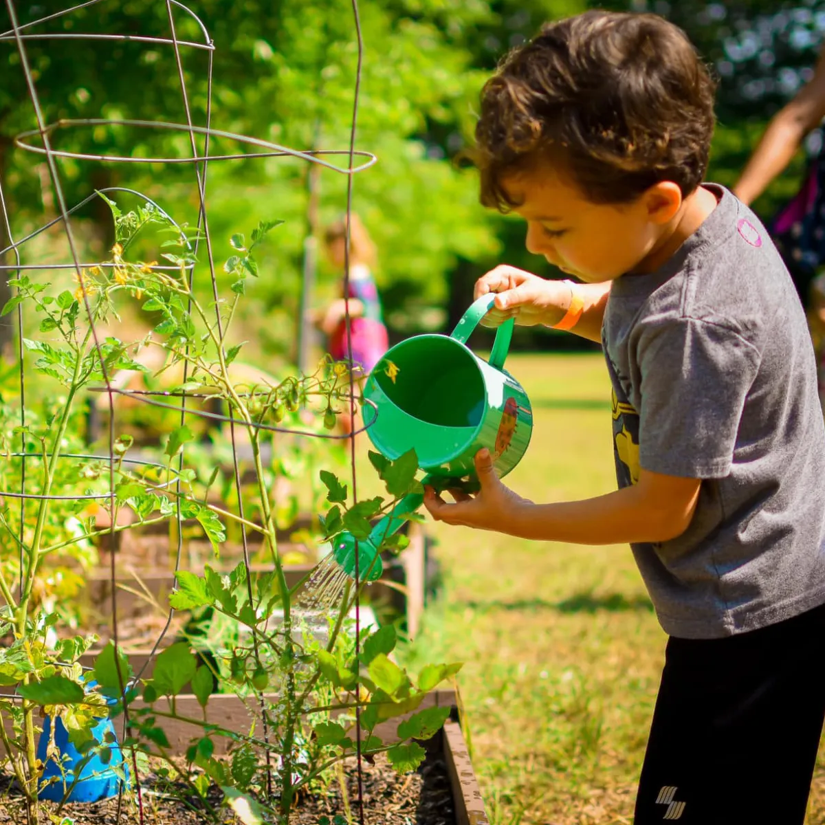 Children gardening at nature-based school in McKinney TX