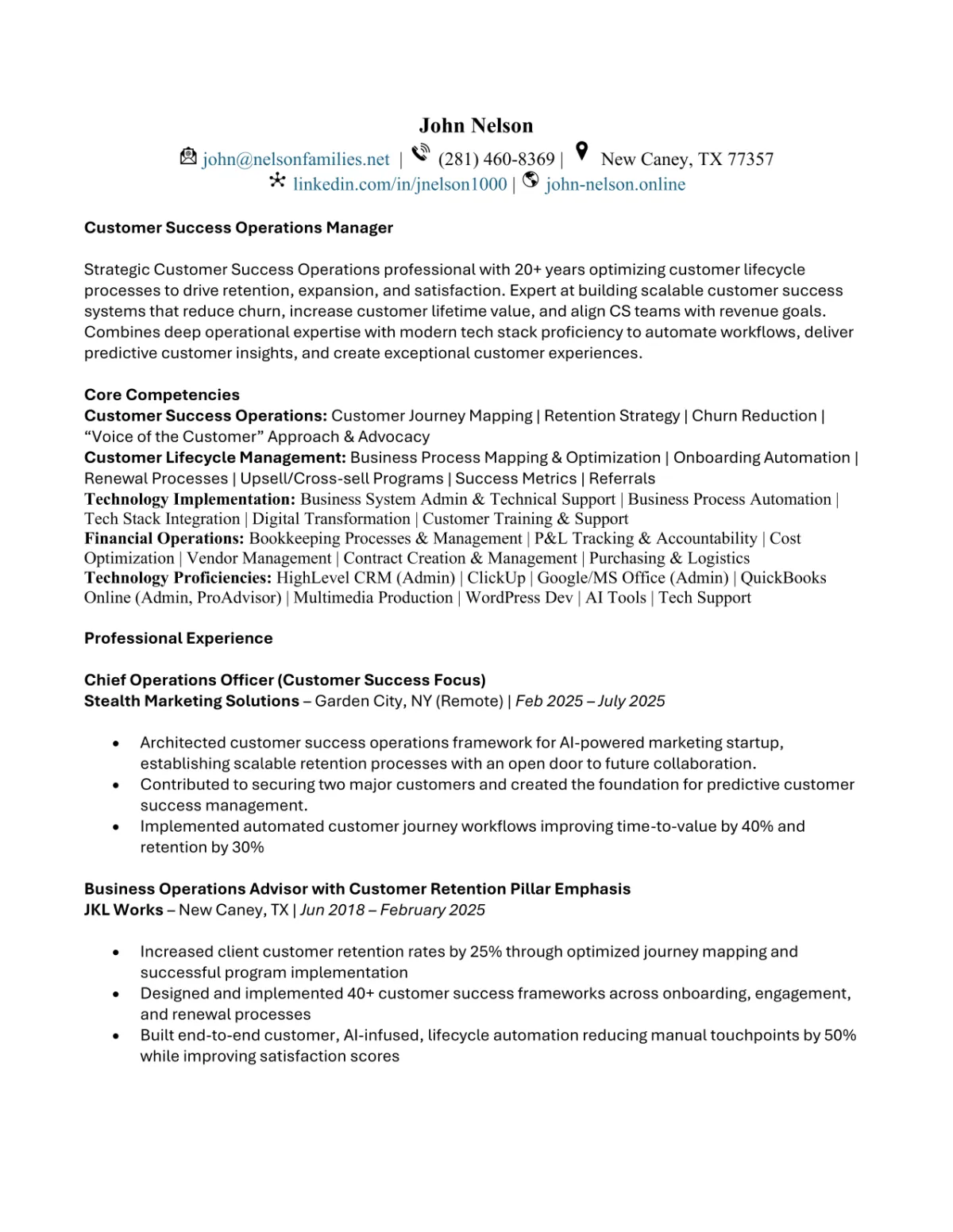 John Nelson ustomer ccess Resume
