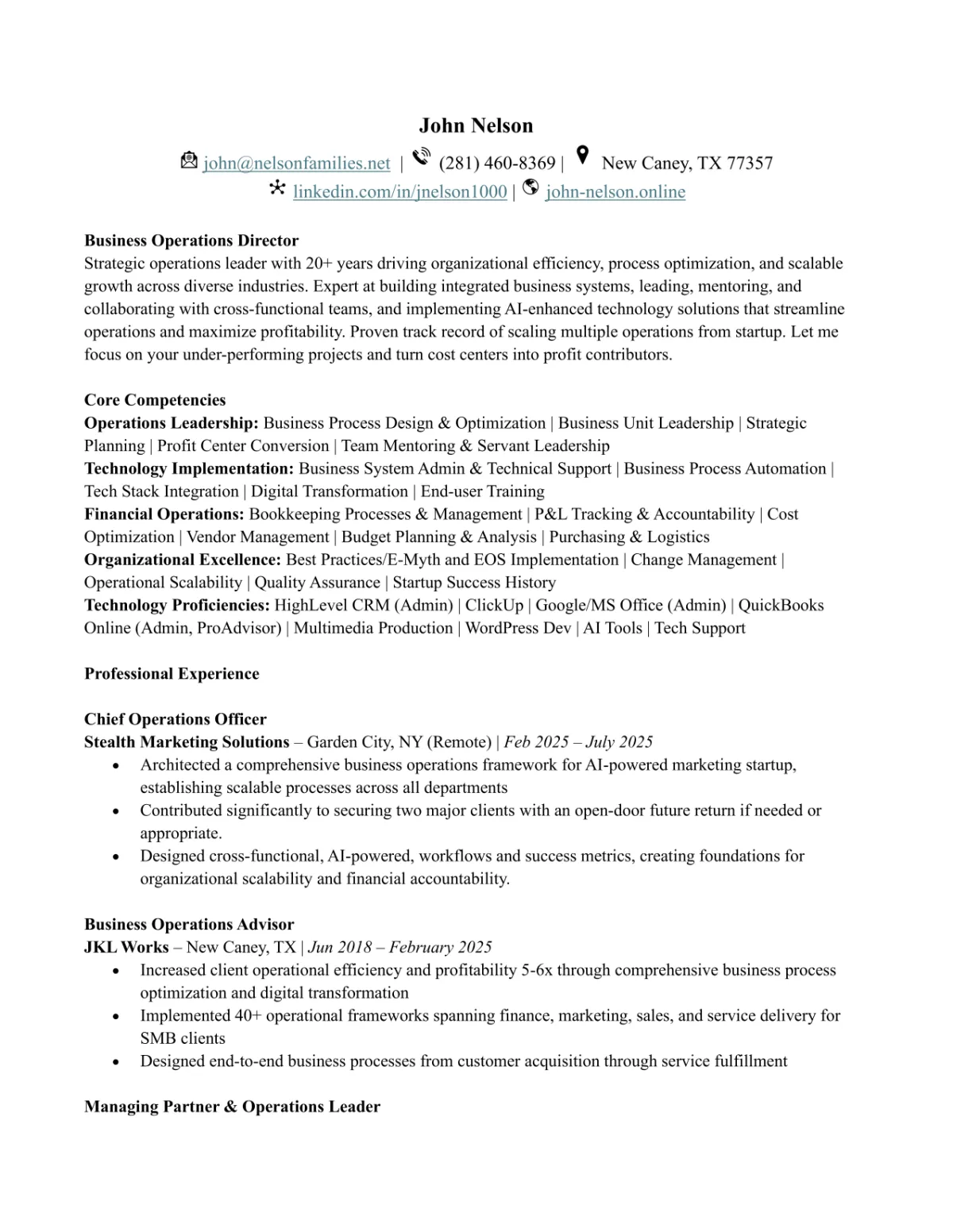 John Nelson Business Operatons Resume (PDF)