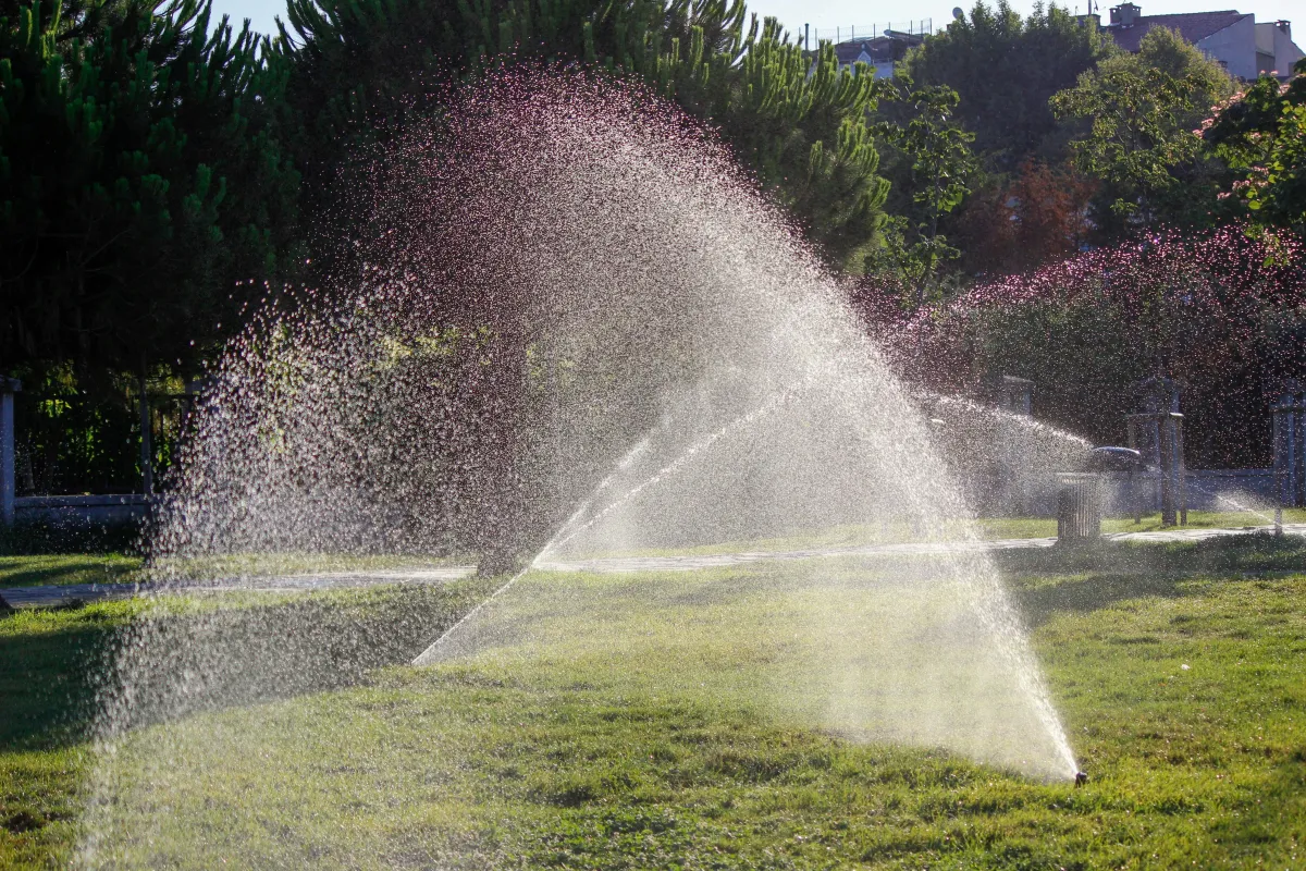 lush green landscape being watered by irrigation sprinklers with trees in the background