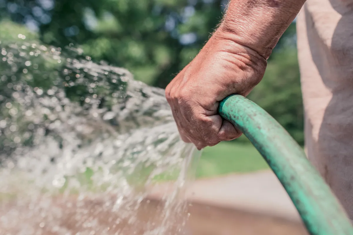 a persons hand holding a green garden hose with water coming out of it with a lawn background