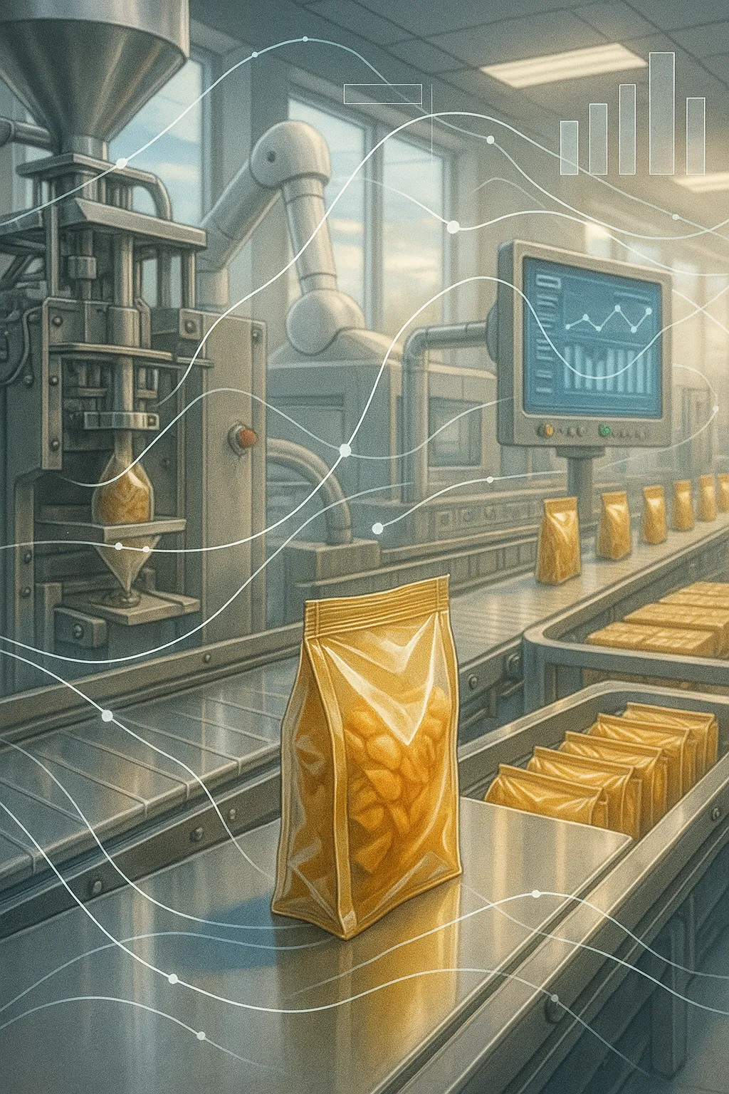 a modern food production interior: flexible packaging machines, clean lines, natural light, and visual cues of smart, sustainable processes