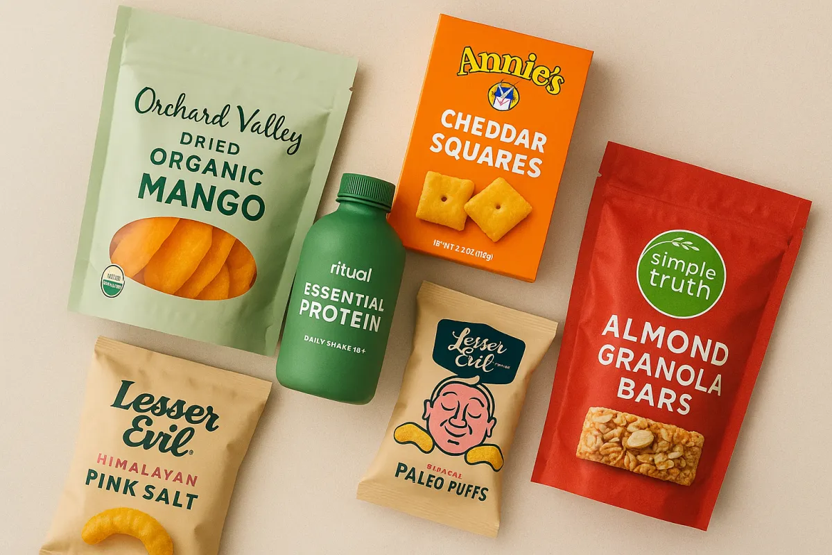 Create a photo-realistic, top-down digital photograph of a vibrant, diverse mix of real-looking consumer packaged goods. The products should look like they’re from different brands — each with unique color palettes, fonts, and packaging formats. Include stand-up pouches, a paperboard box, a metal can, a glass jar, and a flexible bag. Use bold, modern branding like you'd see on shelves today. The products should be arranged casually on a clean, neutral surface