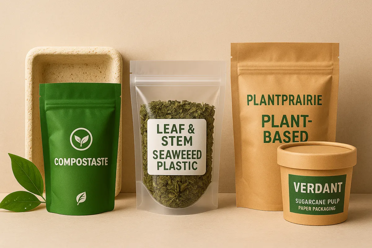 Clean, modern product packages prominently marked with subtle eco-friendly symbols or green-certified logos.  Materials visibly suggesting sustainability, such as natural fiber textures, recycled cardboard, or matte-finish compostable pouches.  Background and lighting should suggest freshness, environmental harmony, and innovation, with soft greens, neutral tones, and clean lines.  Subtle graphical accents indicating smart alignment with environmental regulations, compliance checks, or strategic growth indicators.