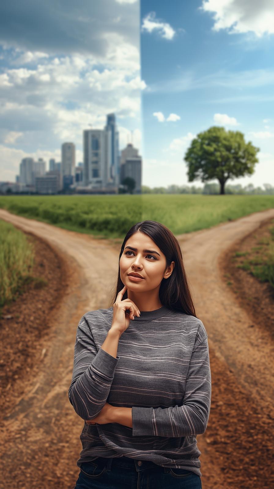 Woman standing at a crossroads representing important career decisions