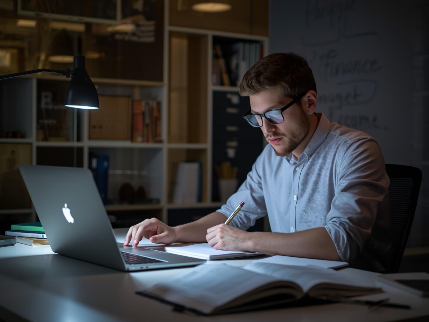 Young man studying with laptop and books during exam preparation