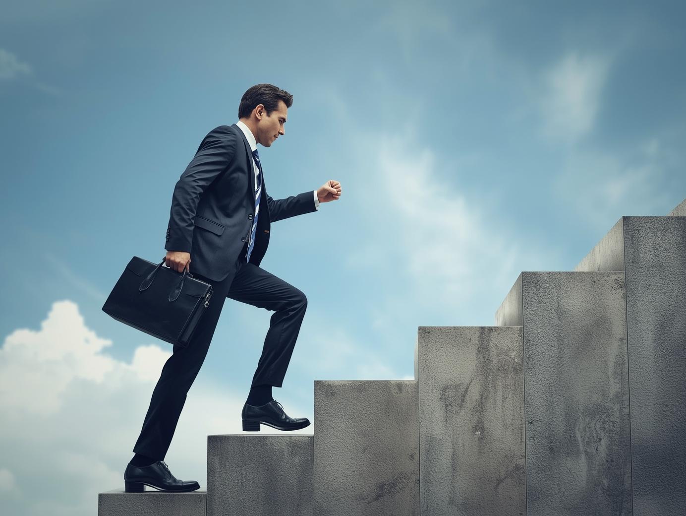 Business professional climbing steps symbolizing career growth and advancement