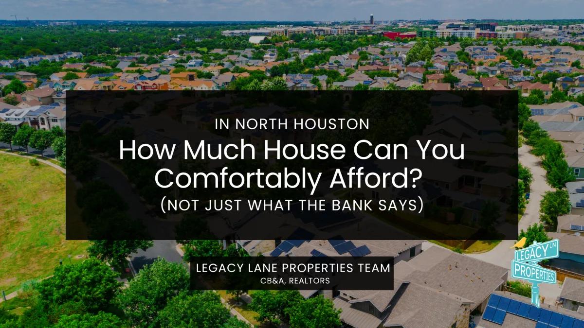 Aerial view of a North Houston residential neighborhood with single-family homes, featured in a blog about how much house you can comfortably afford.
