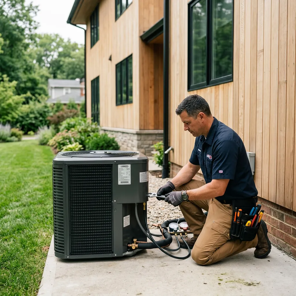HVAC technician servicing an outdoor air conditioning unit at a customer's home