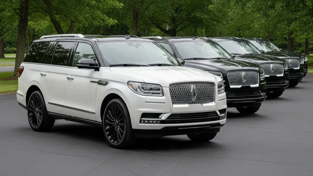Fleet of luxury SUVs with a white Lincoln Navigator Black Label parked at the front
