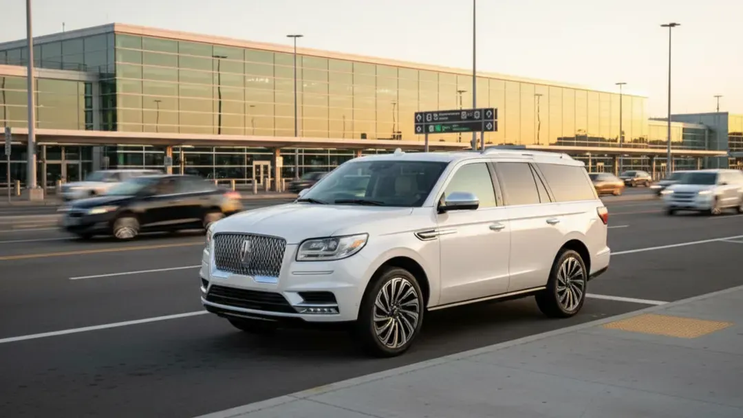 White Lincoln Navigator luxury SUV rental parked at an airport terminal curb at sunset